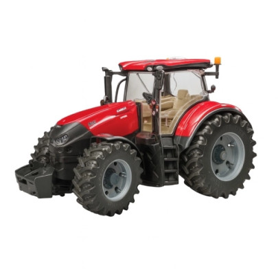 Traktor zabawkowy Case Optum Bruder 1:16 z przeszkloną kabiną i otwieraną maską, widok z boku na koła z miękkim bieżnikiem