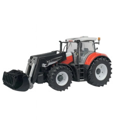 Steyr Terrus CVT Bruder 1:16 z funkcjonalnym ładowaczem czołowym, przeszkloną kabiną i otwartą maską – widok z boku