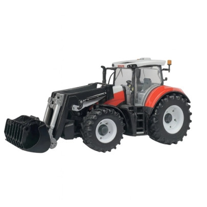 Steyr Terrus CVT Bruder 1:16 z funkcjonalnym ładowaczem czołowym, przeszkloną kabiną i otwartą maską – widok z boku