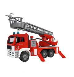 Bruder MAN wóz strażacki 1:16 – drabina obrotowa, zbiornik na wodę i sikawka, czerwony pojazd z wysuniętymi podporami