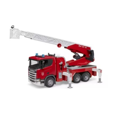 Scania 1:16 – wóz strażacki z obrotową drabiną, wysuniętymi podporami i wężem zwijanym korbą, widok z boku