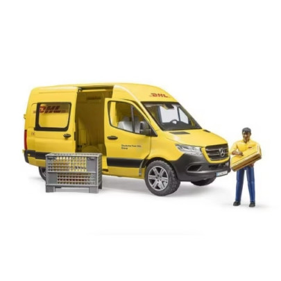 Bruder 02671 MB Sprinter DHL 1:16 – żółty dostawczak z kurierem i paczkami, z otwartymi tylnymi drzwiami