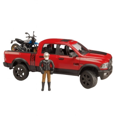 Bruder 02502 – RAM 2500 Power Wagon z Ducati Scrambler Desert Sled i figurką kierowcy, pick-up 1:16