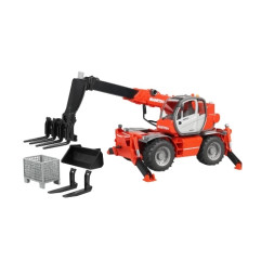 Bruder Manitou MRT 2150 1:16 – ładowarka teleskopowa z wysuniętym ramieniem, rozstawionymi podporami i widłami na palecie