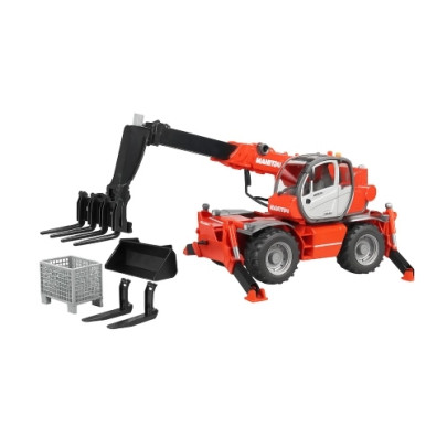 Bruder Manitou MRT 2150 1:16 – ładowarka teleskopowa z wysuniętym ramieniem, rozstawionymi podporami i widłami na palecie